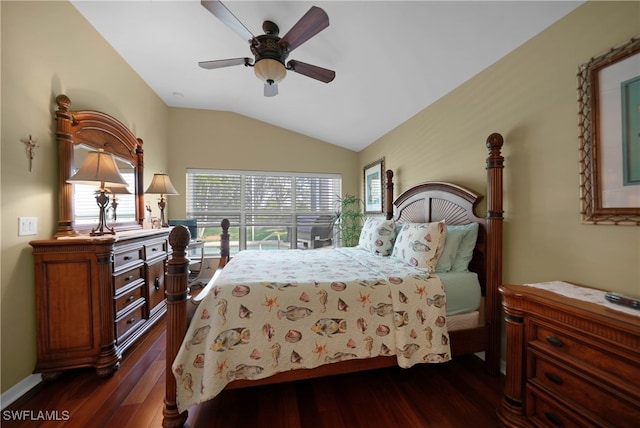 bedroom with ceiling fan, vaulted ceiling, and dark hardwood / wood-style floors