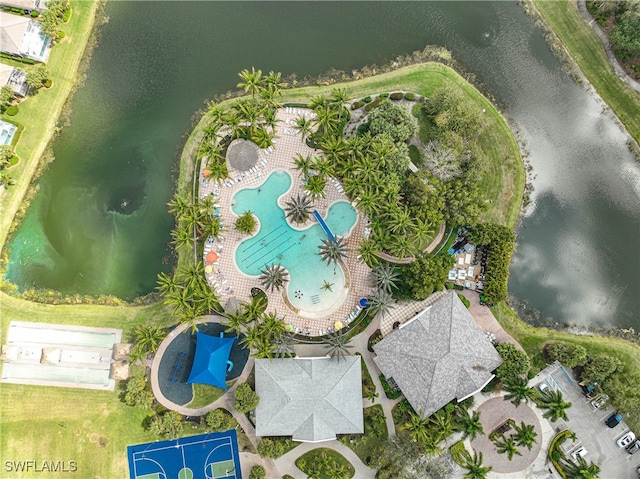 drone / aerial view with a water view