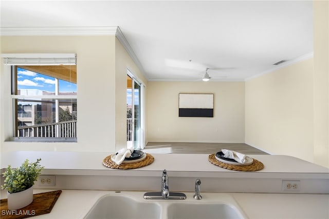 room details featuring ceiling fan, crown molding, visible vents, and a sink