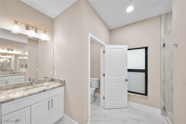 bathroom with vanity, toilet, and a shower with door