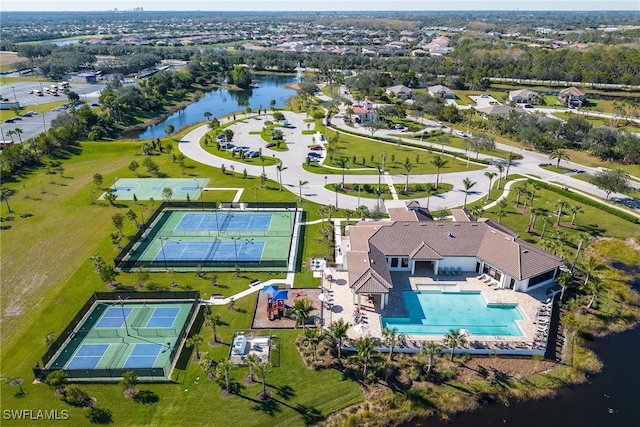 birds eye view of property featuring a water view