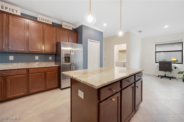 kitchen with ornamental molding, stainless steel refrigerator with ice dispenser, light stone countertops, a kitchen island, and pendant lighting