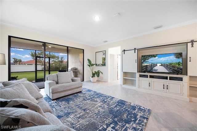 living room featuring light tile patterned floors and ornamental molding