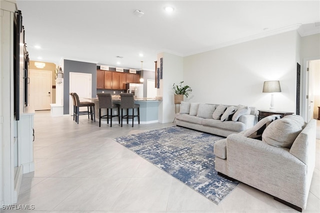 tiled living room featuring crown molding