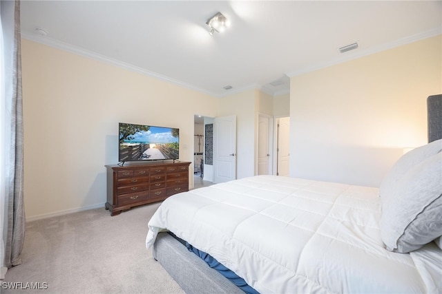 carpeted bedroom featuring ornamental molding