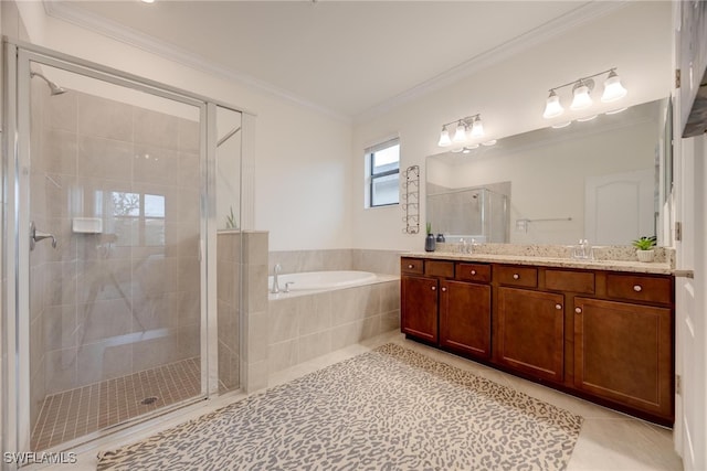 bathroom with vanity, tile patterned flooring, plus walk in shower, and ornamental molding