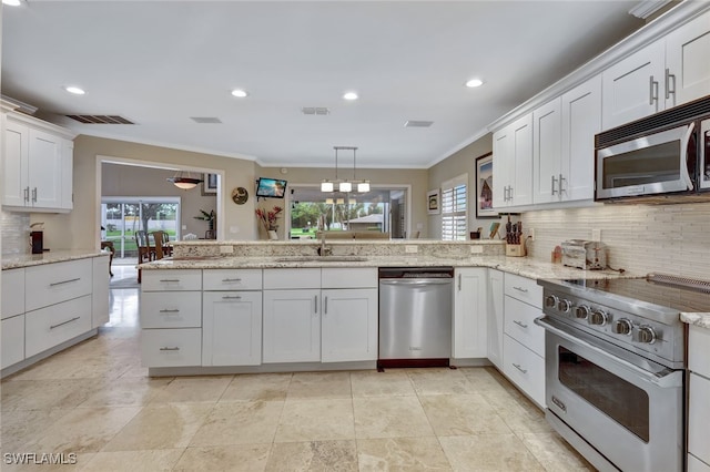 kitchen with sink, white cabinetry, kitchen peninsula, and appliances with stainless steel finishes