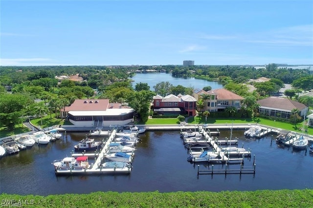 birds eye view of property featuring a water view