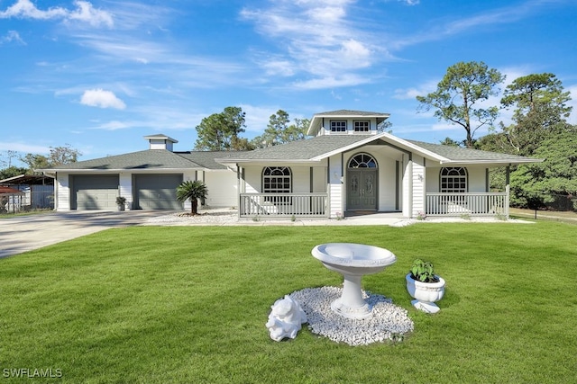 view of front facade featuring a porch, a garage, and a front lawn