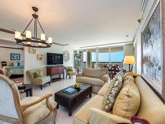 living room with an inviting chandelier, expansive windows, and crown molding