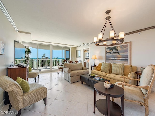 tiled living room featuring floor to ceiling windows, crown molding, and an inviting chandelier