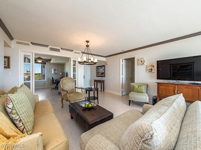6849 Grenadier Blvd Unit 502, Naples, FL 34108 - living area featuring light tile patterned floors, a chandelier, crown molding, and baseboards