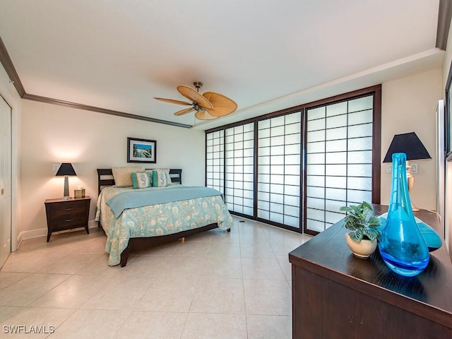 bedroom with ceiling fan, crown molding, and light tile patterned floors