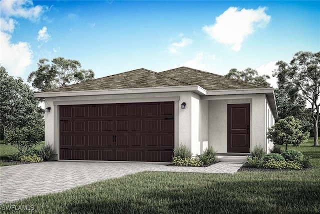 view of front of home with a front yard and a garage