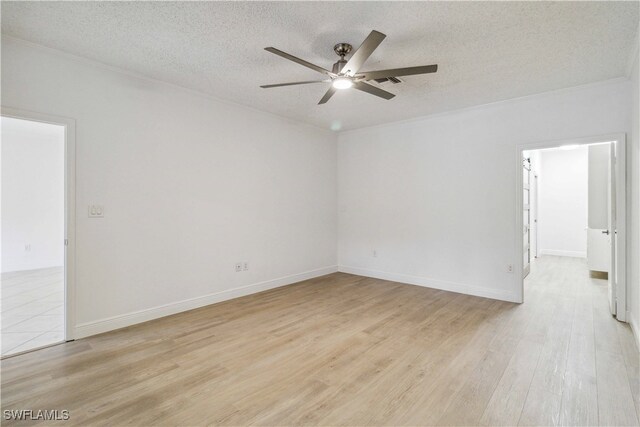 unfurnished room featuring ceiling fan, light hardwood / wood-style floors, and a textured ceiling