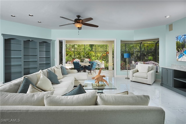 living room with ceiling fan