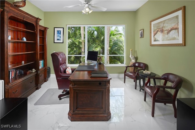 office area with ceiling fan