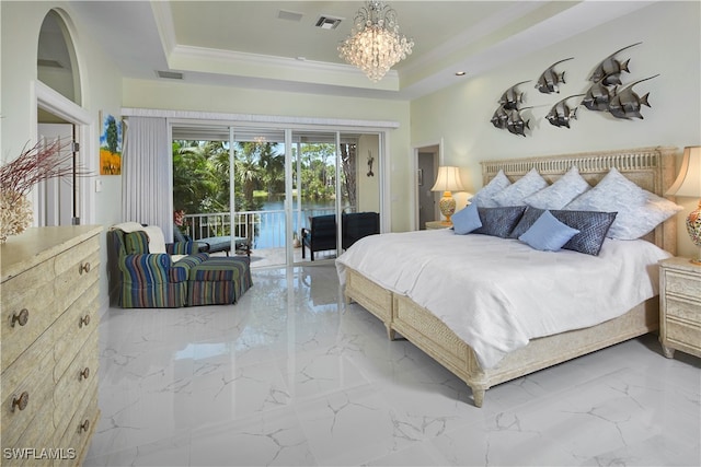 bedroom with crown molding, a raised ceiling, a chandelier, and access to exterior