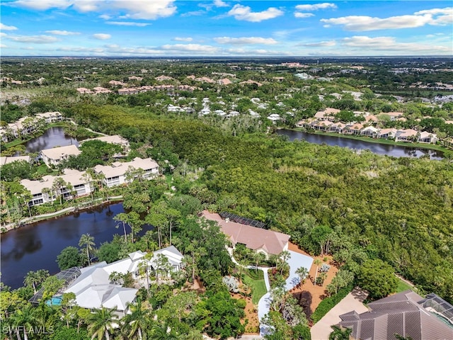 drone / aerial view featuring a water view