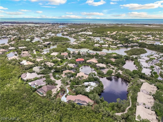 drone / aerial view featuring a water view