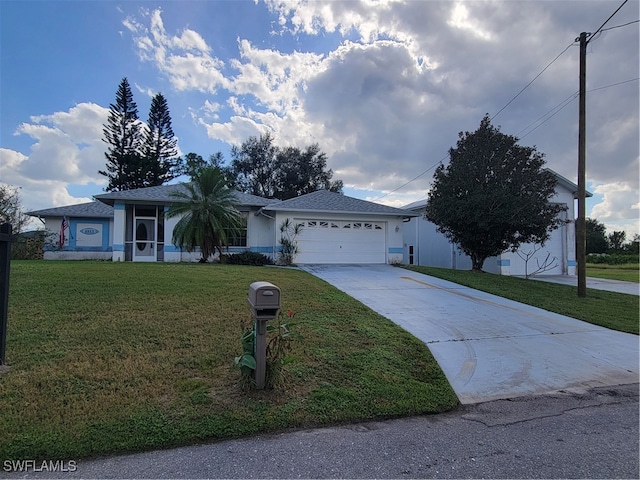 view of front of property with a garage and a front lawn