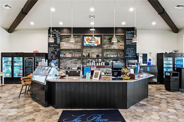 bar featuring hanging light fixtures, beamed ceiling, and visible vents