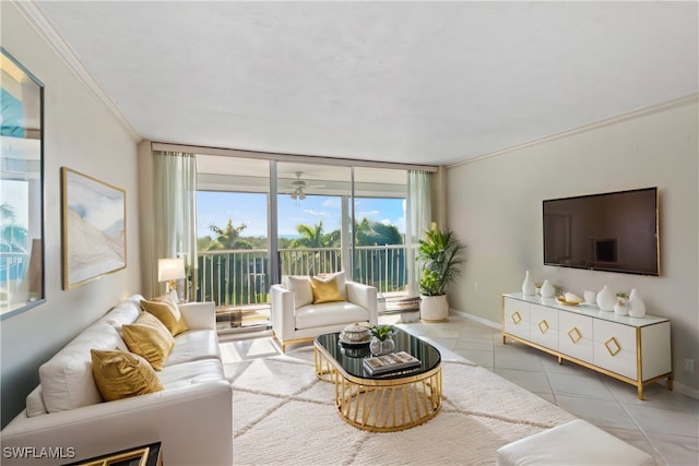 tiled living room with crown molding