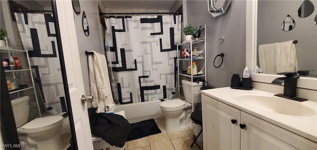 full bathroom with toilet, shower / tub combo with curtain, vanity, and tile patterned floors