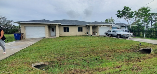 ranch-style house featuring a garage and a front lawn