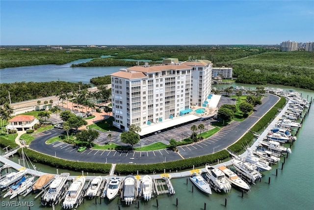 aerial view featuring a water view