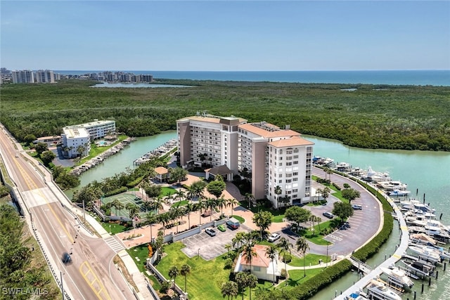 drone / aerial view featuring a water view