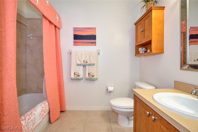 full bathroom featuring toilet, tile patterned floors, vanity, shower / tub combo, and baseboards