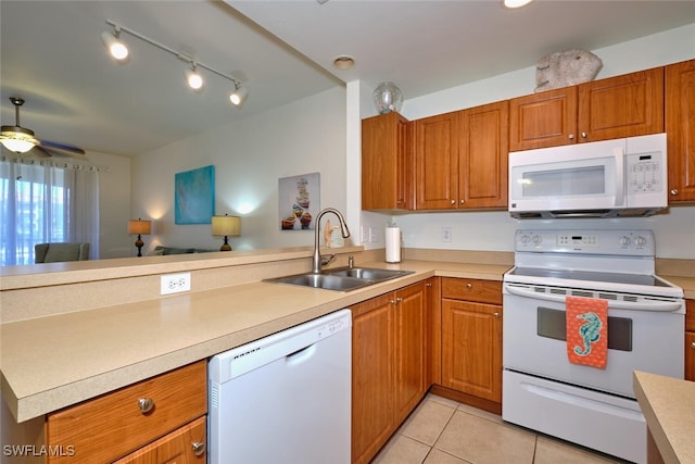 kitchen with sink, white appliances, ceiling fan, and kitchen peninsula