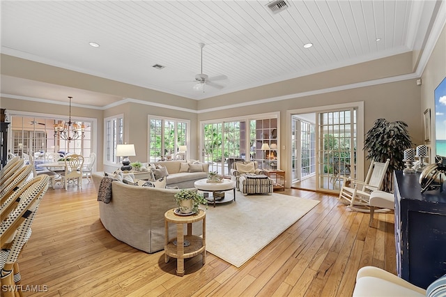 living room featuring light hardwood / wood-style flooring, wood ceiling, ceiling fan with notable chandelier, and ornamental molding