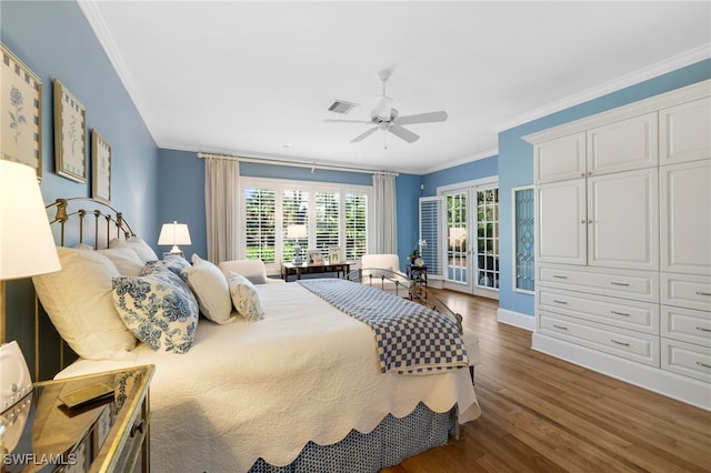 bedroom with french doors, ornamental molding, access to outside, ceiling fan, and dark hardwood / wood-style floors