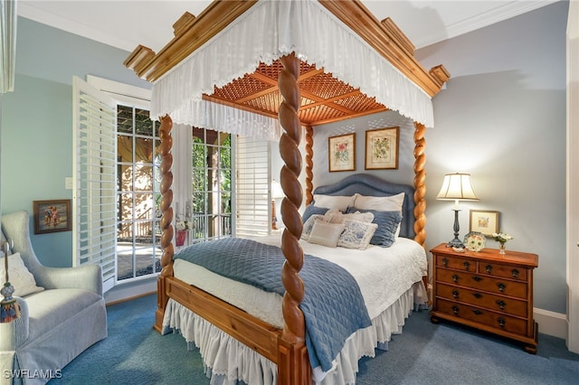 bedroom featuring access to outside, ornamental molding, and dark colored carpet