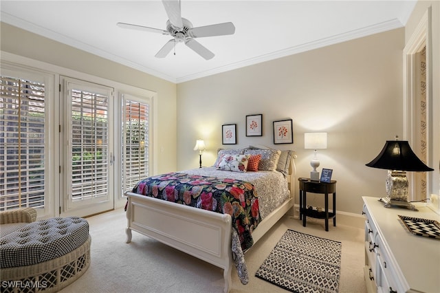 bedroom featuring access to exterior, light carpet, ceiling fan, and crown molding