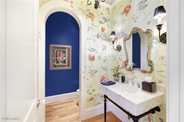 bathroom with hardwood / wood-style floors, toilet, and sink