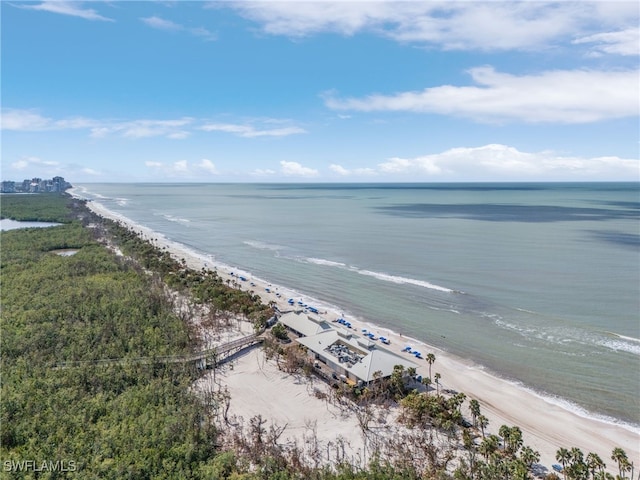 bird's eye view featuring a beach view and a water view