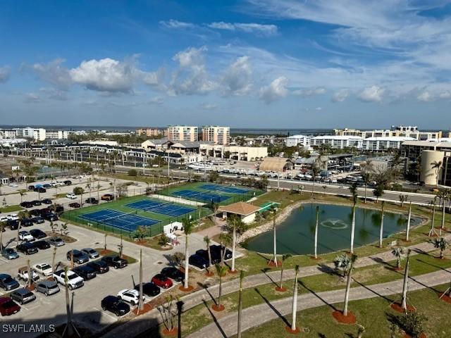 birds eye view of property featuring a water view