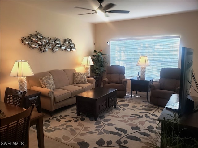 living room featuring ceiling fan