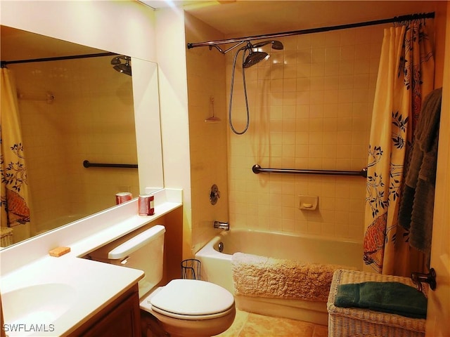 full bathroom featuring tile patterned floors, vanity, toilet, and shower / bathtub combination with curtain