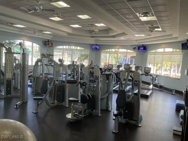 workout area with a tray ceiling, plenty of natural light, and ceiling fan