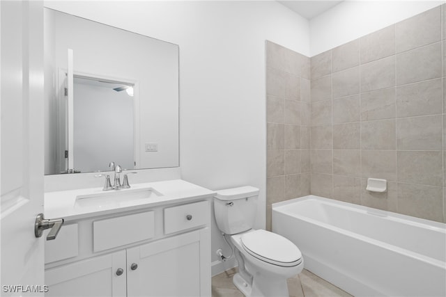 full bathroom featuring tile patterned flooring, vanity, tiled shower / bath combo, and toilet