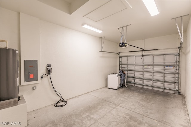 garage with electric water heater, electric panel, and a garage door opener