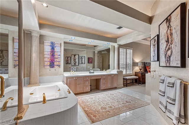 full bathroom with decorative columns, visible vents, a tub with jets, and vanity