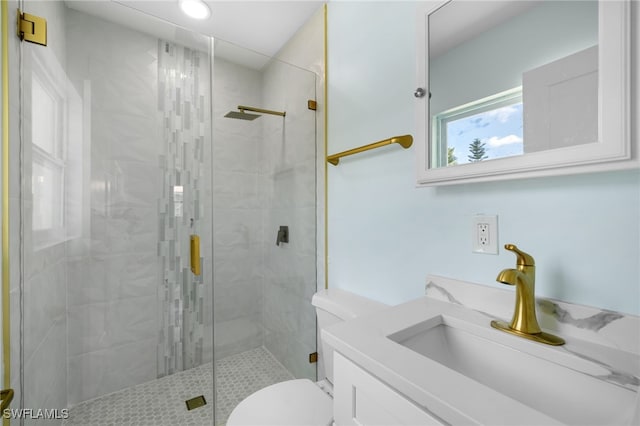 bathroom featuring walk in shower, vanity, and toilet