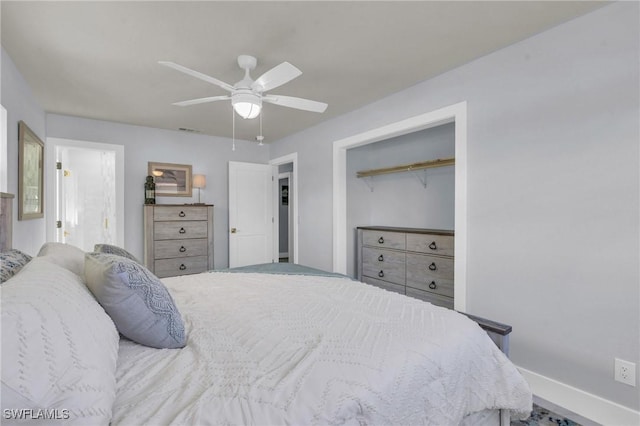 bedroom with ceiling fan and a closet