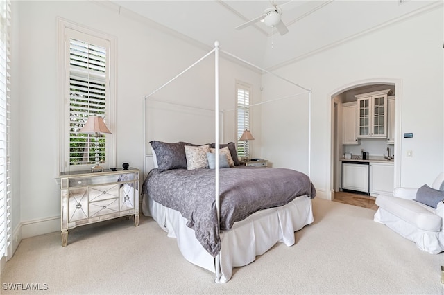 carpeted bedroom featuring ceiling fan and multiple windows