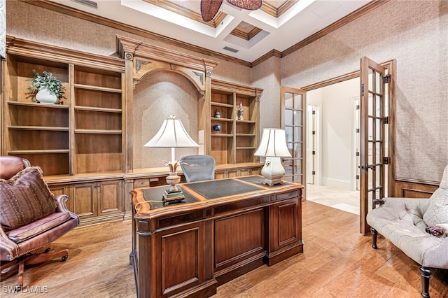 office space with french doors, coffered ceiling, crown molding, beamed ceiling, and light hardwood / wood-style floors